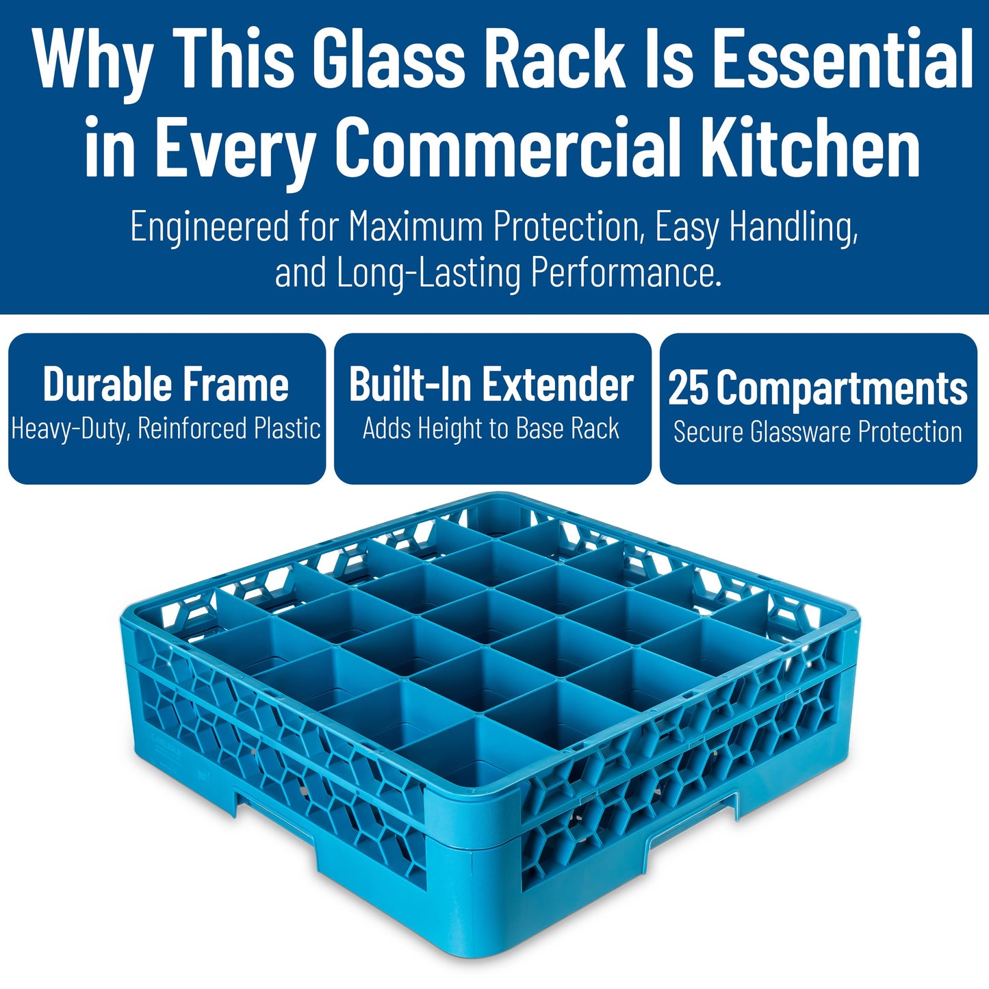 Carlisle FoodService Products Opticlean 25-Compartment Glass Rack with 1 Extender, Blue , 5.56"