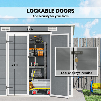 Outsunny 8' x 4' Outdoor Storage Shed, Waterproof Resin Plastic Shed with Floor, Window, Lockable Doors and Vents, All-Weather Garden Tool Shed for Backyard, Patio, Lawn, Gray