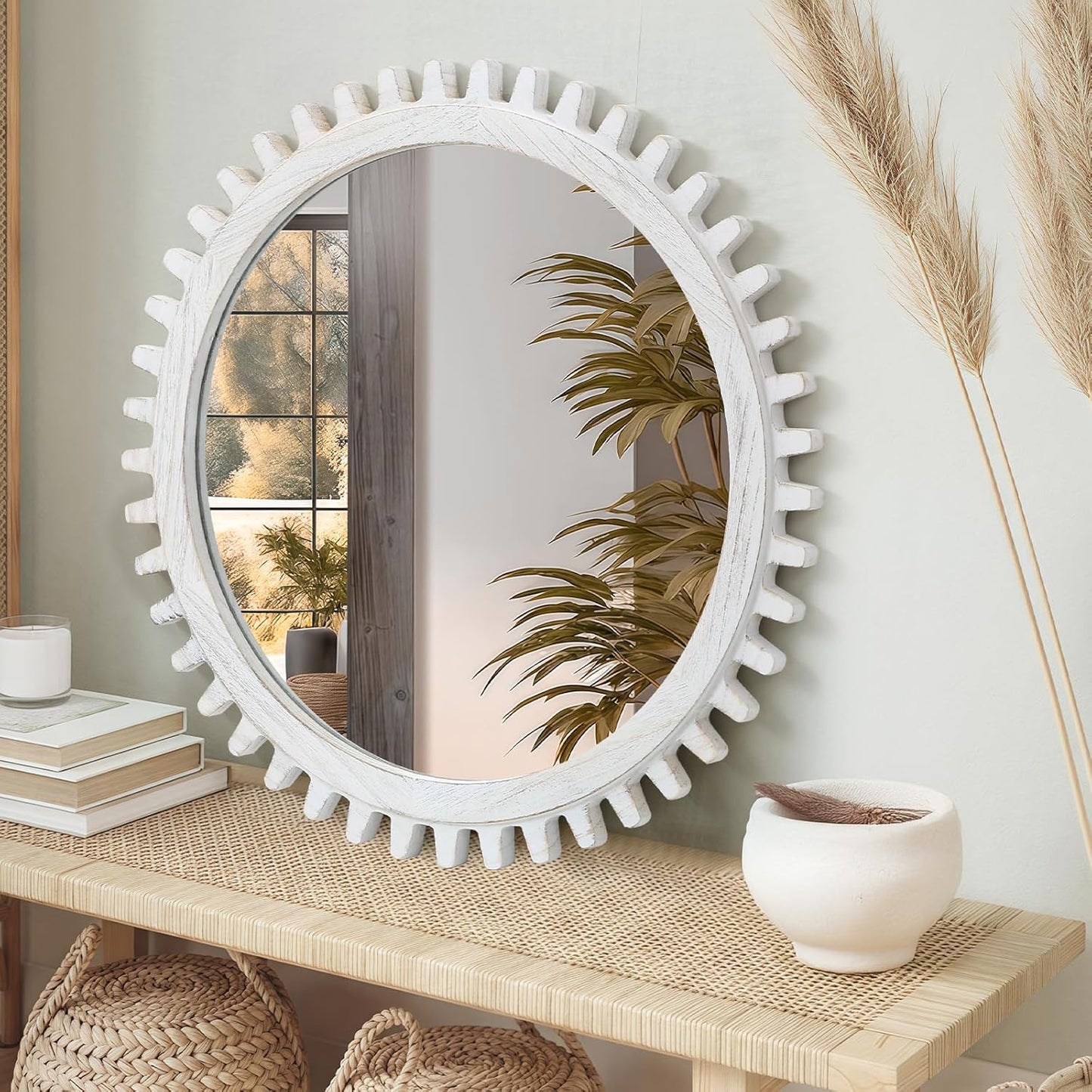 30 Inch ULIKE Round Wood Mirror, Rustic Farmhouse Circle Mirror with Wooden Frame, Modern Wall Decor for Bathroom