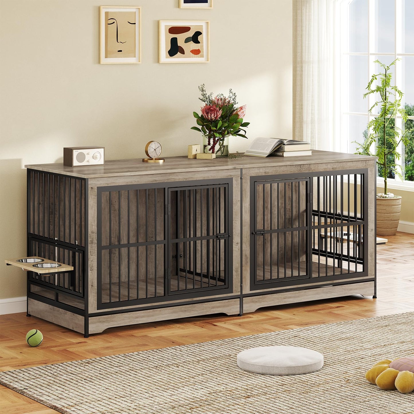 Rovibek 78 Double Dog Crate Furniture for 2 Large Dogs Indoor, Wooden Furniture Dog Crates with Dog Bowl, Dog Kennel Furniture TV Stand Large Breed Grey