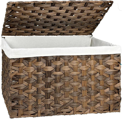 Storage Basket with Lid, 17.2 Gallon Wicker Storage Trunk with Handles, Handwoven Basket for Living Room