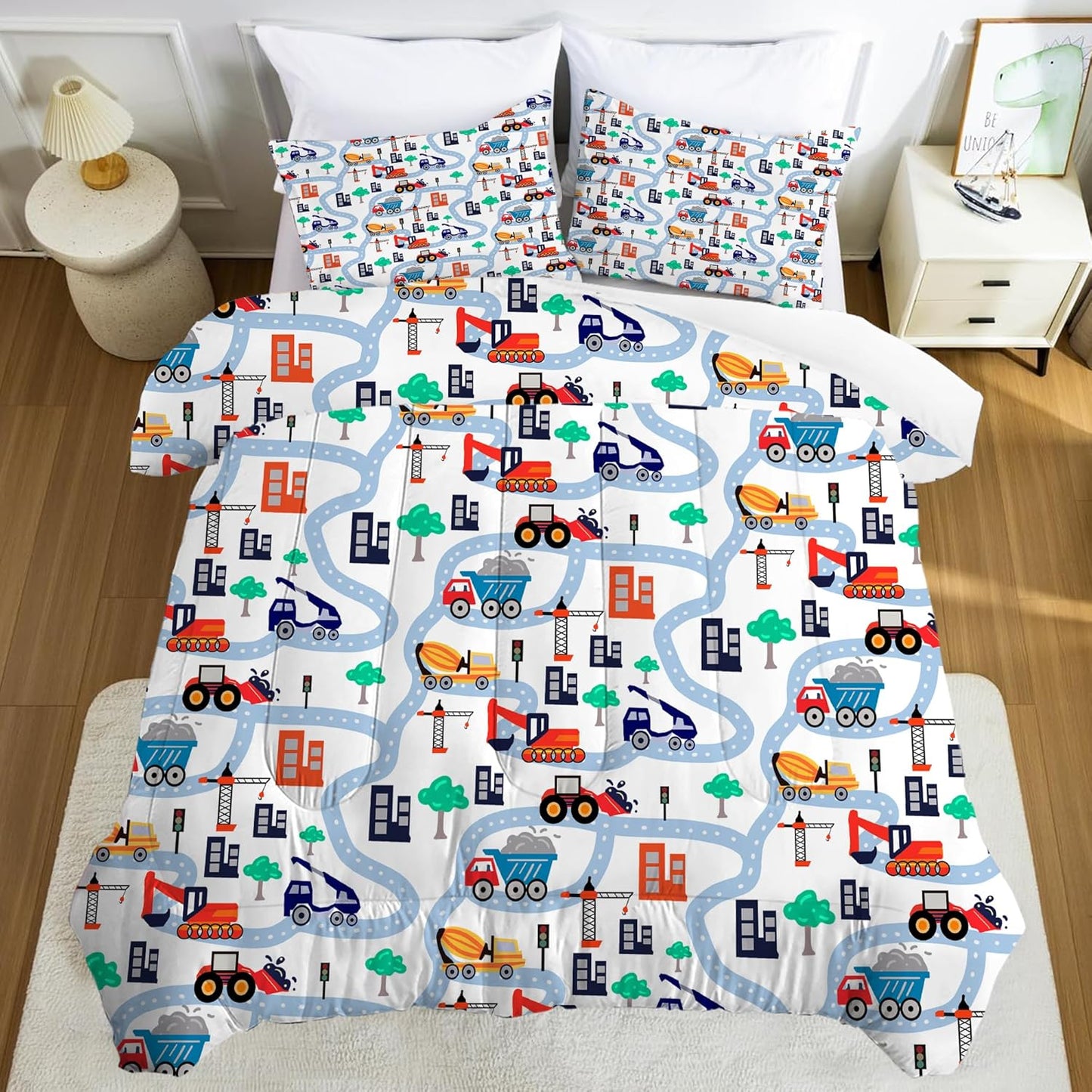 Set Set 1 1 Cartoon Truck Comforter Twin: Construction Bedding for Boys Kids Children Bedroom Dorm White Cute Cars