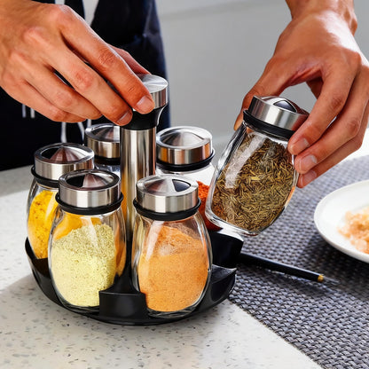 LCshuyao 360° Rotating Spice Rack, 6PC Spinning Glass Spice Jars Suitable for kitchen countertops, spice storage, cooking, outdoor BBQ,(Spices Not Included)