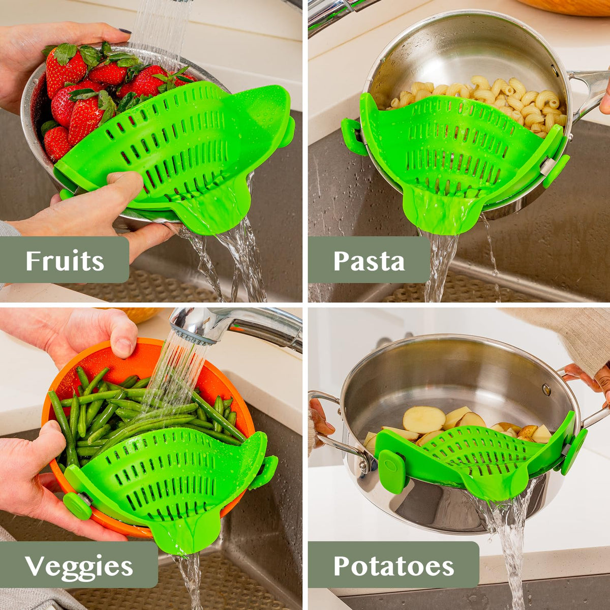 Kitchen Gizmo Snap N' Strain Clip On Strainer for Pots and Pans - Collapsible Silicone Pasta Strainer and Kitchen Gadget for Cooking - Easy to Use, Heat Resistant and Space Saving Colander - Green