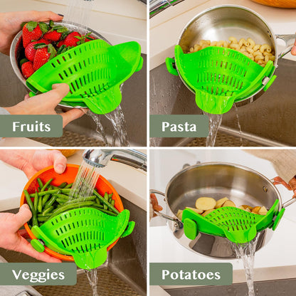 Kitchen Gizmo Snap N' Strain Clip On Strainer for Pots and Pans - Collapsible Silicone Pasta Strainer and Kitchen Gadget for Cooking - Easy to Use, Heat Resistant and Space Saving Colander - Green