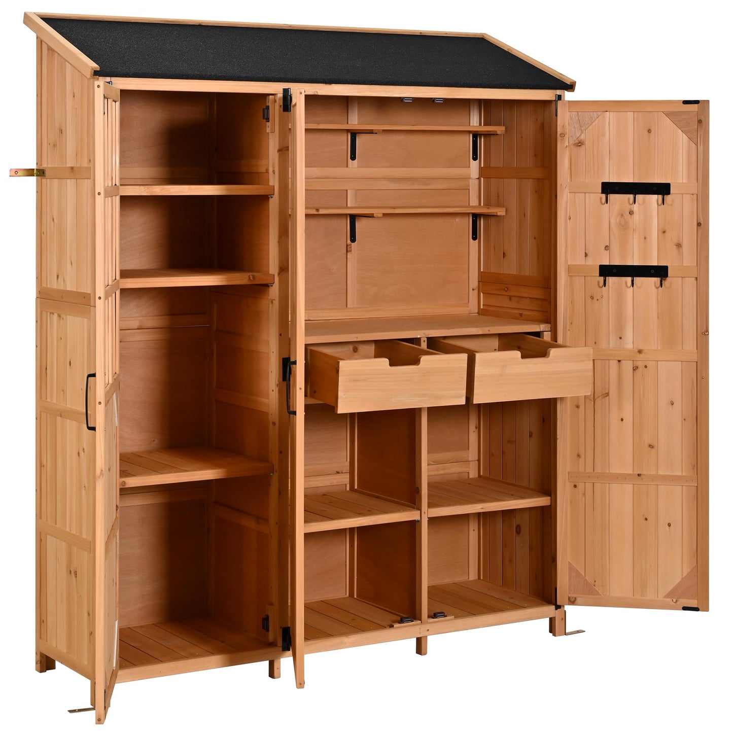 Merax Outdoor Wood Large Patio Garden Storage Shed with Waterproof Roof, 3 Doors Storage Cabinet with Workstation, 7 Storage Shelves, 2 Drawers and 6 Hooks for Backyard, Natural