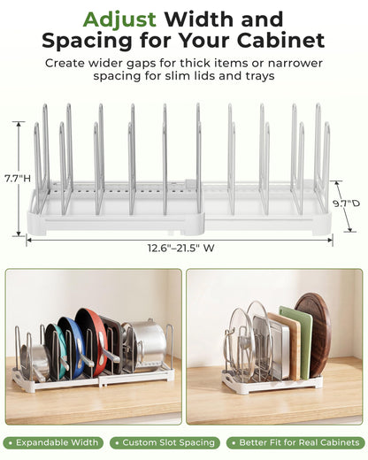 EVERIE Adjustable Bakeware Organizer Pot Lid Holder Rack for Pots, Cake Molds, Cutting Boards, Mats, Cookware, GS02SS, 7.7'' Deep by 12.6'' to 21.5'' Wide
