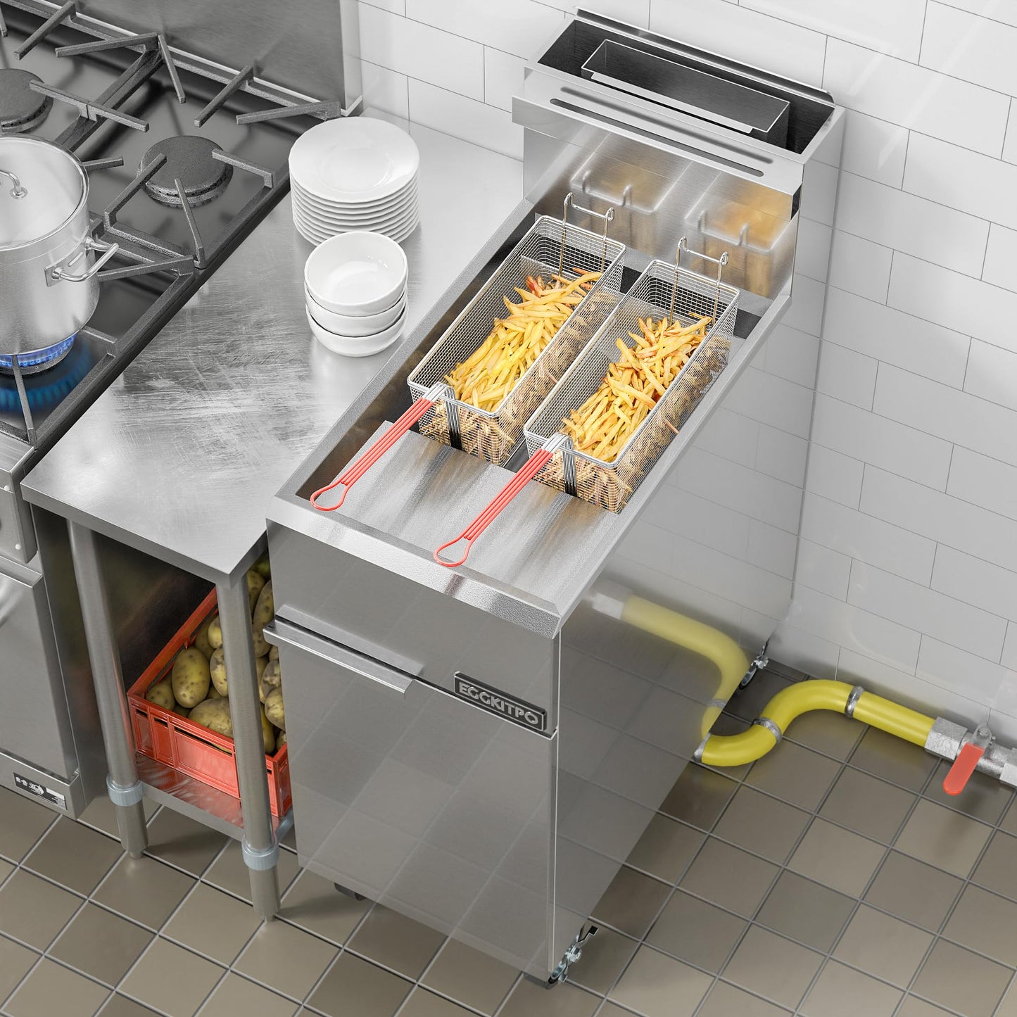 EGGKITPO ECF4-NG 50LB 120,000 BTU Natural Gas Fryer and 29 Inch Large Countertop Griddle Commercial Electric Griddle (120v 3500w)