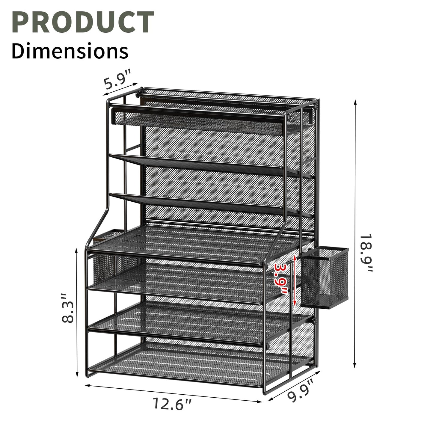 handimp Black 7 Tier Desk File Organizer, Metal Letter Tray Paper Organizer with Pen Holder and Metal Hanging Basket, Vertical Desktop File Holder for Home Office Organization