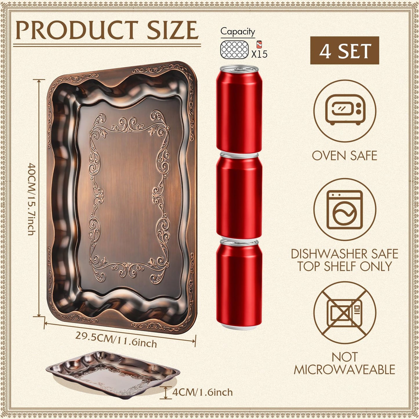 FoldTier 4 Pack Serving Trays Set for Party, Butterfly Floral Bronze Platter Engraved Mirror Tray, 15.8 x 11.6 Inches Elegant Metal Plate for Food Appetizer Cookies Desserts (Bronze)