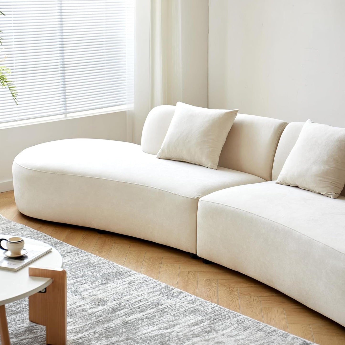 Container Furniture Direct 132" Curved Sofa with Throw Pillows, 6 Seater Luxury Velvet Couch with Half Moon Design and High-Density Foam, Ideal for Modern Living Room, Office & Apartment, Ivory