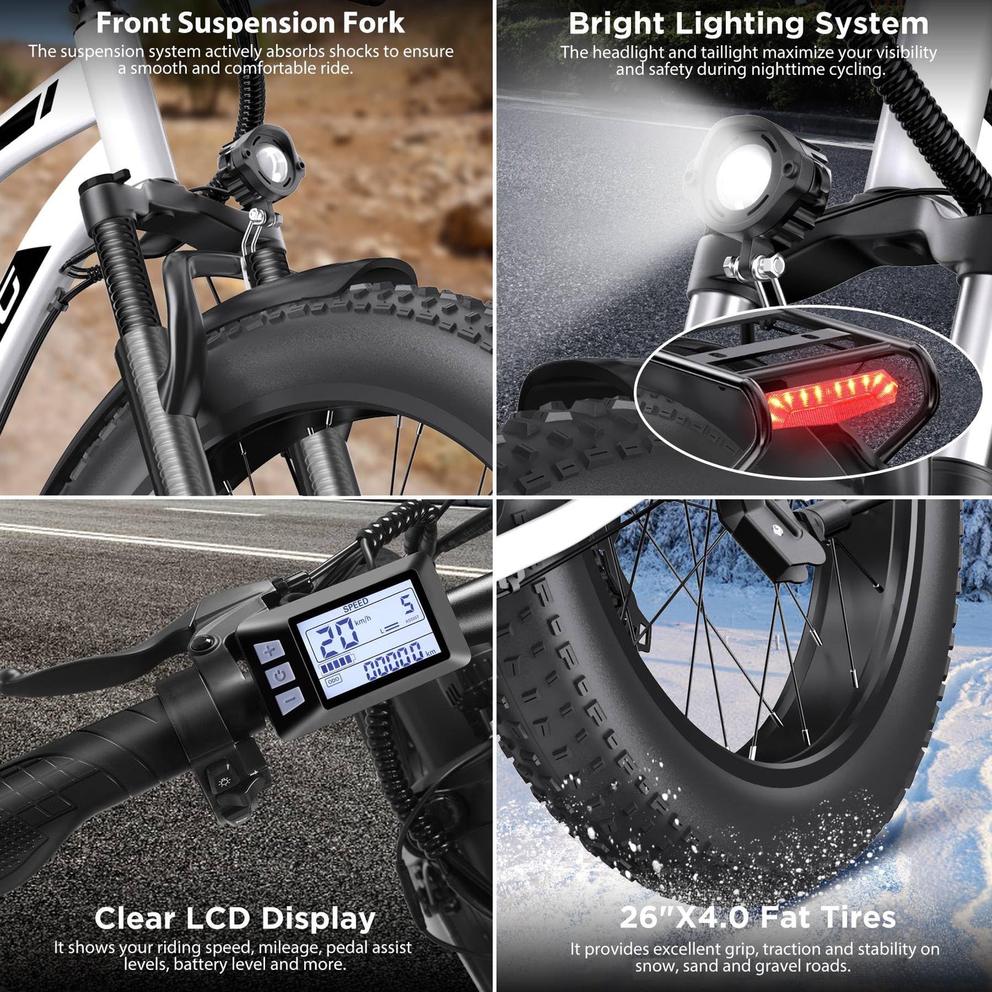 Funhang Electric Bike for Adults, 1000W Peak Ebike, 20MPH 60Miles Electric Mountain Bike, 26" Fat Tire Electric Bicycle with 48V 13AH Battery, Front Suspension,7 Speed, Rear Rack, UL 2849 Certified