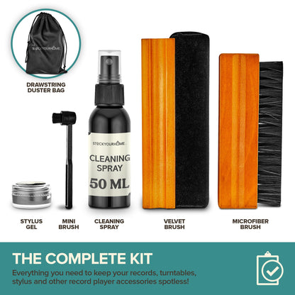 Stock Your Home Vinyl Record Cleaning Kit – 6-Piece Set with Vinyl Cleaner Spray, Anti-Static Velvet Brush, Needle Cleaning Gel & Brush, Drawstring Duster Bag