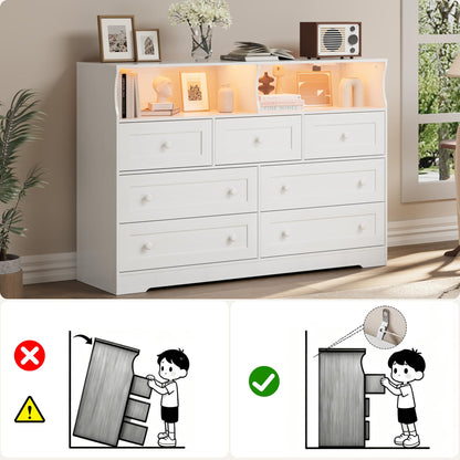 IDEALHOUSE Dresser for Bedroom with 7 Drawers, LED Lights & Charging Station, Wooden Chest with 2 Open Compartments, Freestanding Storage Organizer for Closet, Nursery, Entryway, White