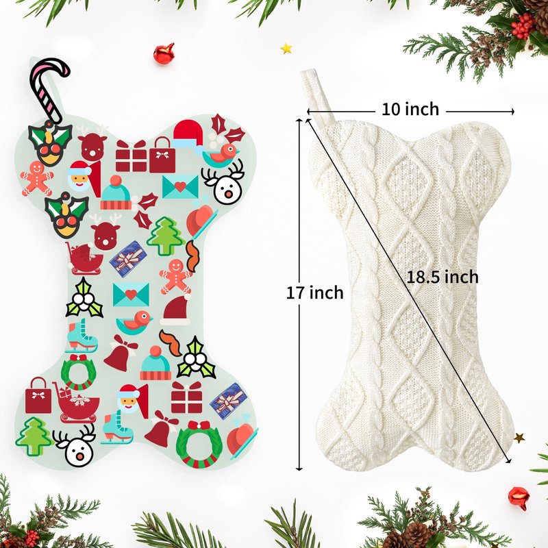 Paulmele Dog Christmas Stocking,Knit Pet White Large Christmas Stocking,Dog Bone Christmas Stockings for Dogs Puppys Pets,Hanging Bone with Bow (Red)