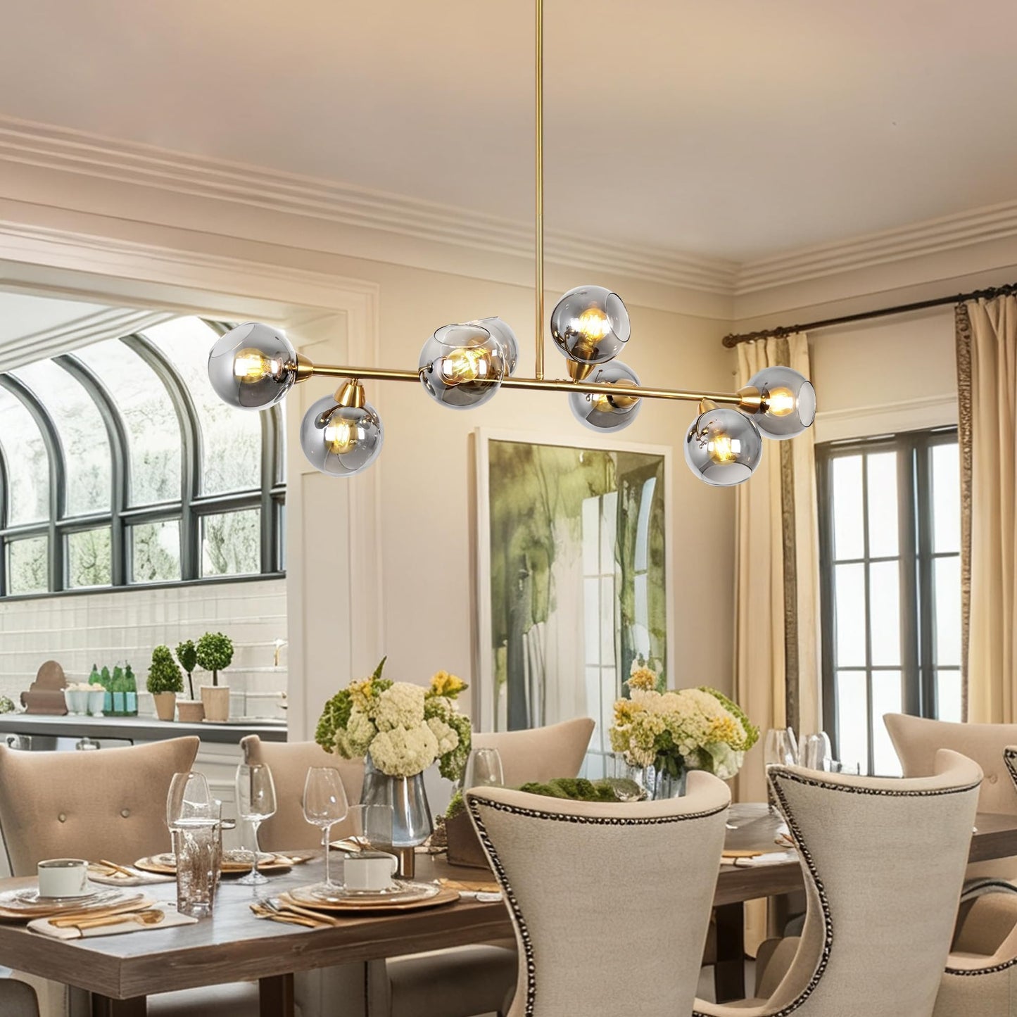 Lzawvm Linear Chandeliers for Dining Room 8-Lights Sputnik Pendant Lights Kitchen Island Mid Century Modern Smoky Glass Chandelier 50 Inch Farmhouse Dining Light