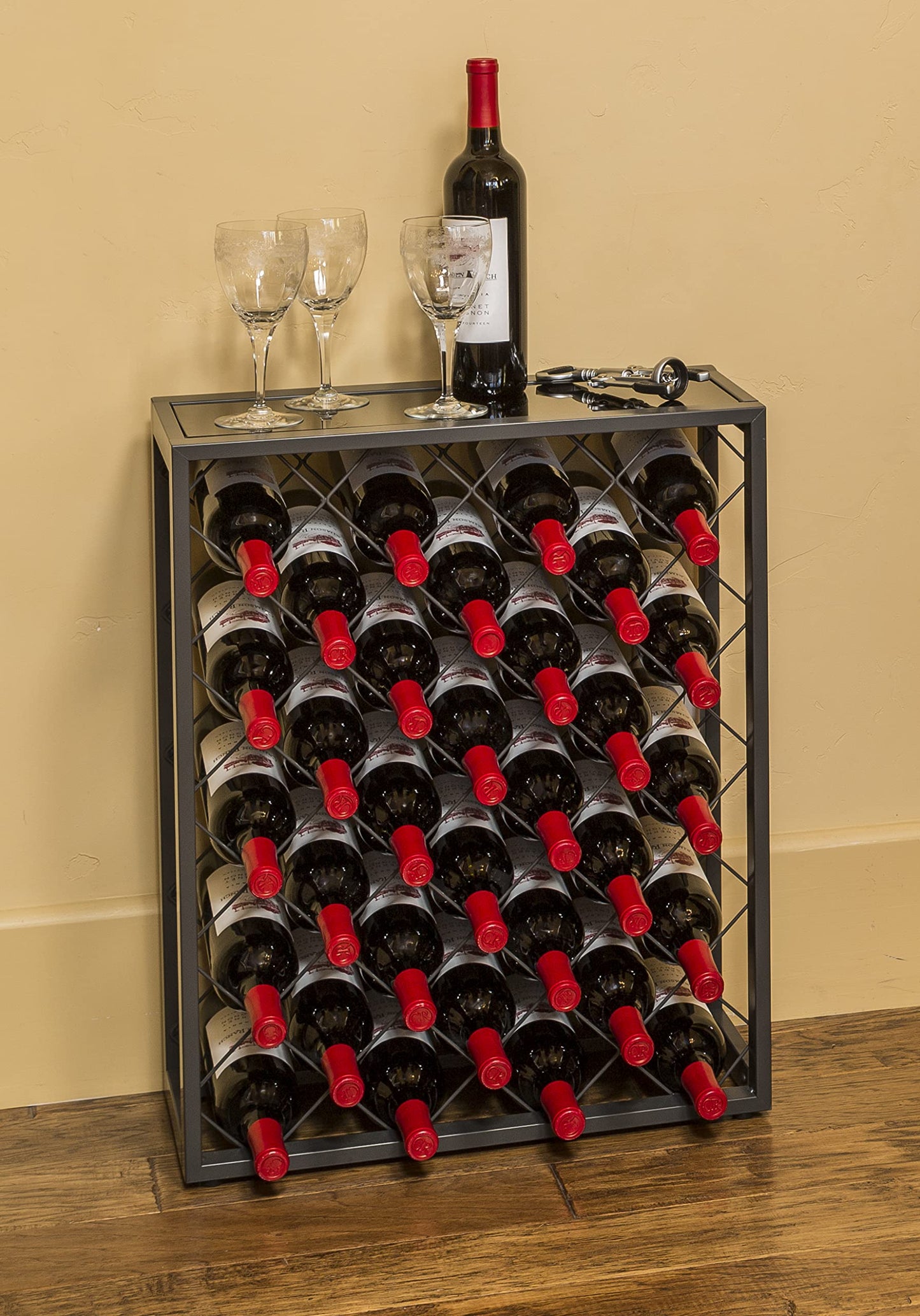 Mango Steam 32 Bottle Wine Rack with Black Glass Top Shelf, Free Standing for Home, Kitchen and Bar