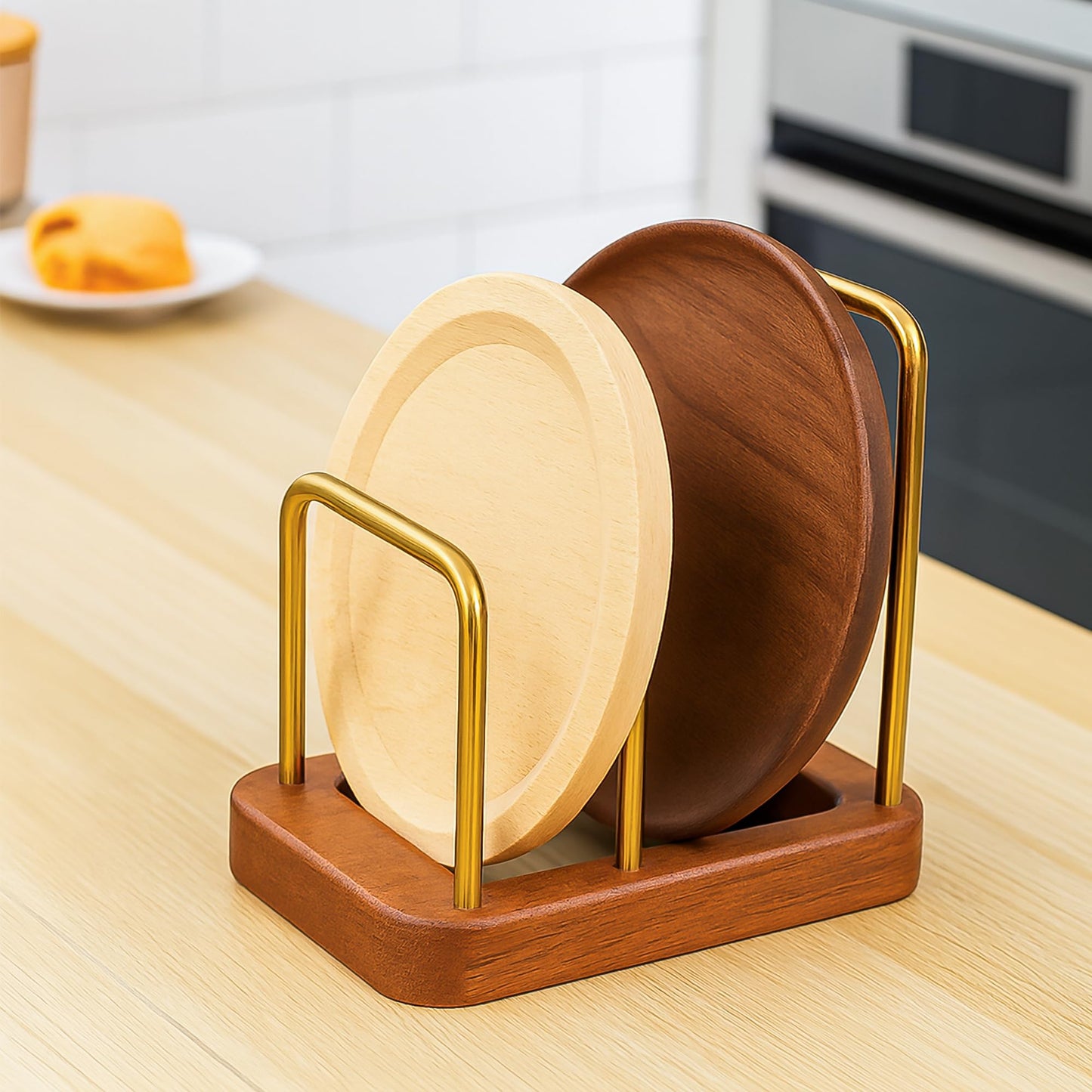 Chopping Board Rack with Wood Base – Multi Layer Kitchen Organizer Stand for Cutting Boards Pot Lids, Baking Trays Pans and Plates Cabinet Storage Divider Accessory Home Countertop or Inside Cabinets