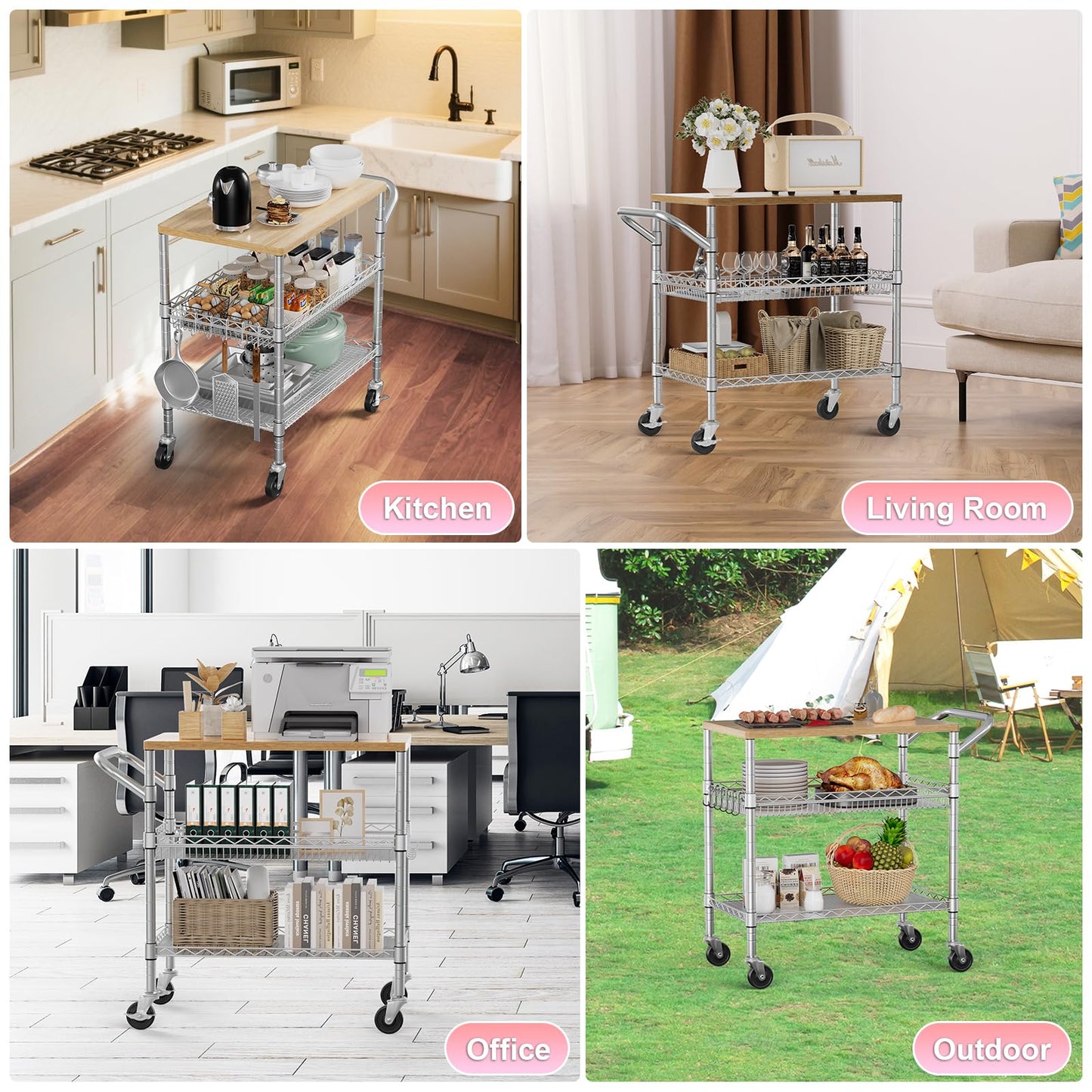 WDT 3 Tier Rolling Kitchen Carts with Wheels, Heavy Duty Rolling Utility Cart with Wood Tabletop, Commercial Grade Metal Cart with Handle and Hooks, NSF Storage Serving Island Carts, Light Wood+Metal
