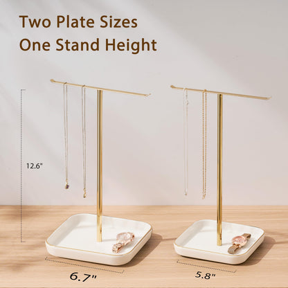pickpiff Necklace Holder Stand with Ceramic Base: 12" Jewelry Tree Display Organizer for Necklaces, Bracelets, Rings, Earrings, Tall Gold Stand for Women, Aesthetic Room Décor, Gold and White
