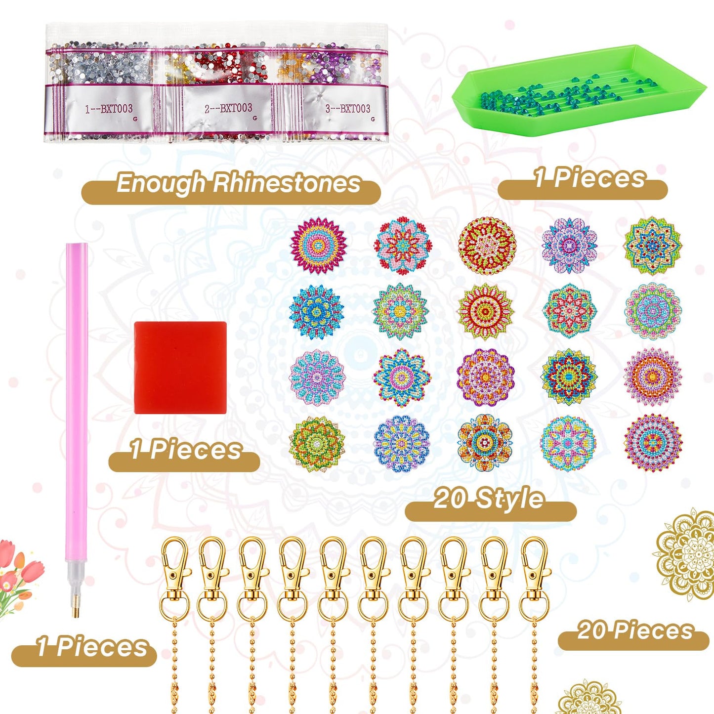 Henoyso 20 Pcs Diamond Art Painting Keychains Kits for Adults 5d Double Sided Cross Shaped Diamond DIY Painting Keychains Gem for Beginners Adults DIY Crafts Decor Gift Party(Mandalas)
