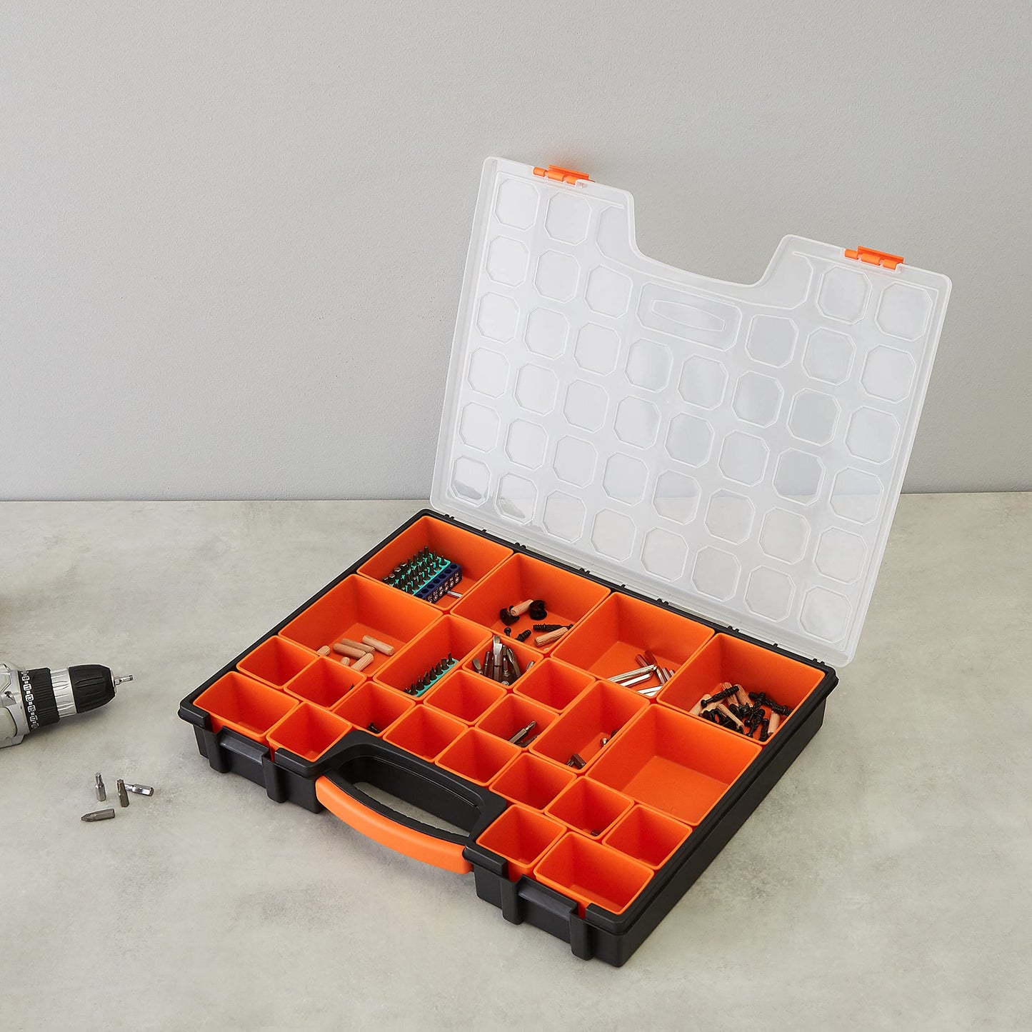 Amazon Basics 19-Removable Compartment Small Parts Organizer, Portable Hardware Storage Box with Customizable Compartments, Black, Orange, 16.5 x 13.2 x 2.4 inches
