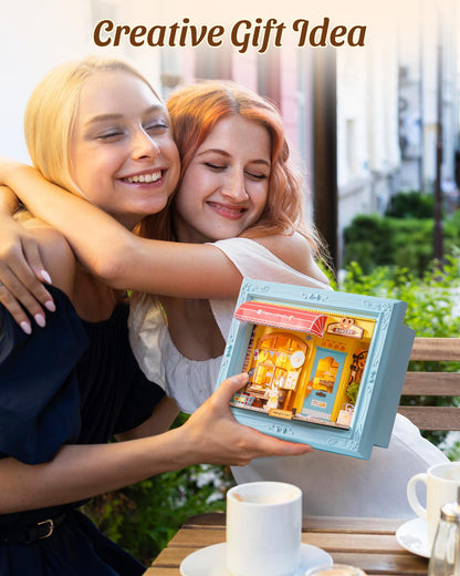 ROBOTIME 3D Puzzle DIY Miniature House Kit for Adults, a Fluffy Cat Bakery-Themed Wooden Dollhouse with Photo Frame, Tiny Building Set Model for Family Crafting & Holiday Decorative Gifts