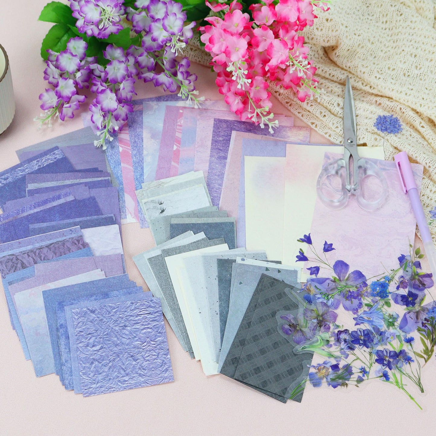 Koqye 215PCS Aesthetic Scrapbook Paper Pack, Junk Journal Supplies Starter Kit with Floral Stickers, Scissor, Quick Dry Glue Pen, Scrapbook Kit for Planner DIY Arts Craft Collage(Mystic Amethyst)