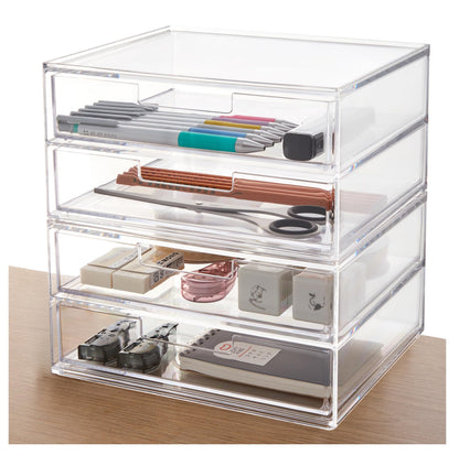 STORi Stackable Desk Drawer Organizer, Clear Pen Pencil Makeup Brush Holder for Desktops and Vanities, 4 Wide Drawers (Made in USA)