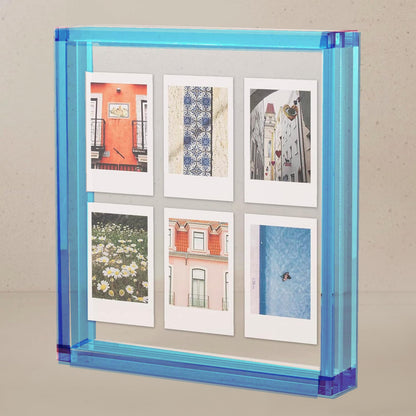 Elil 5x7 Acrylic Picture Frame – Blue Floating Polaroid Fujifilm Instax Display 8.3" x 7.6" Holds 5x7 Photo or 6 Mini or Go Print Double-Sided Collage for Desk Wedding Anniversary Graduation