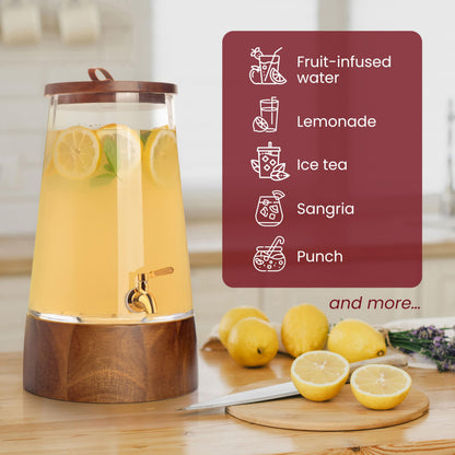FOODLE Large Glass Drink Dispenser with Spigot - Glass Beverage Dispenser with Stand - Perfect for Parties & Weddings - Pitcher for Lemonade, Water, Sangria, Punch & Juice - Leakproof - 1.72 Gallon