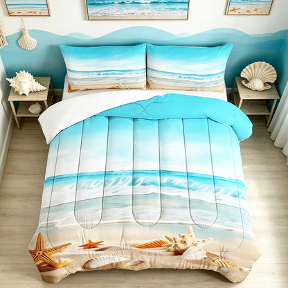 FUYEUN Beach Comforter Set Twin, Coastal Nature Theme Pattern Bedding for Kids Boys Girls Bedroom, Ocean Hawaiian Starfish Quilt Sets, 1 Comforter, 1 Pillowcase, Blue Home Decor