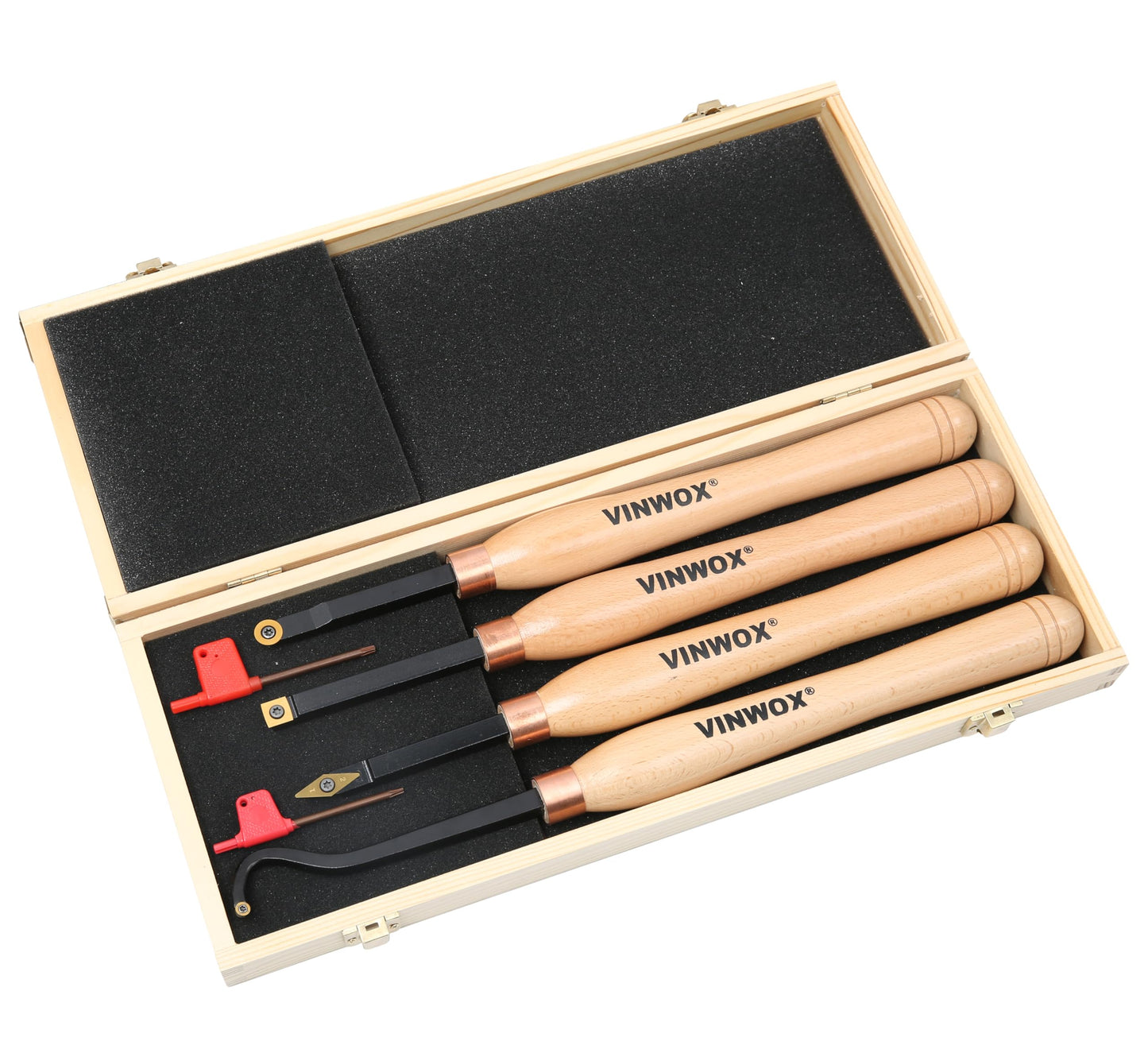 VINWOX 13.5" 4 PCS Carbide Wood Lathe Turning Tool Set, Pen Turning tool, Including Swan Neck Hollower, Rougher, Finisher, Detailer, Titanium Coated Carbide Blades 2X Service Life, Beech Wood Handle