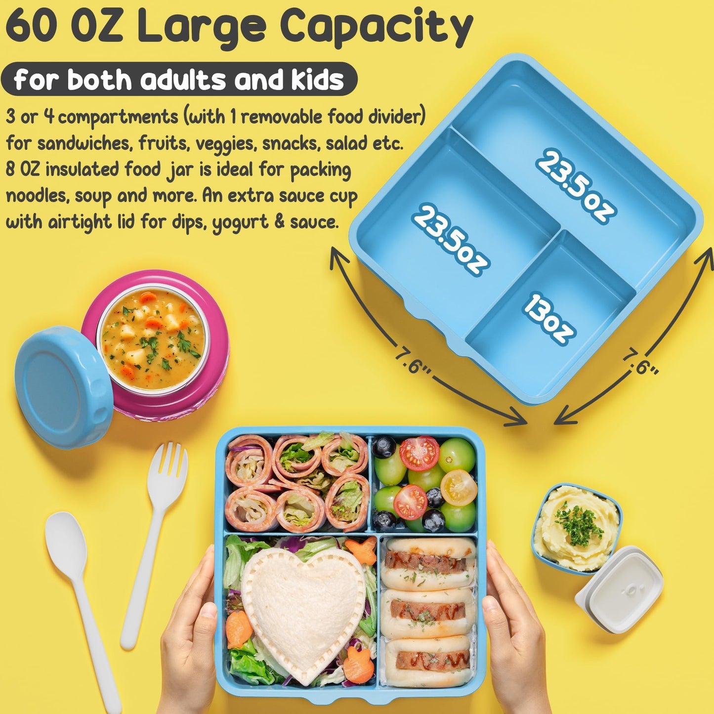 Fimibuke Kids Bento Lunch Box with Thermo, Leakproof Toddler Bento Box with 8.5OZ Insulated Food Jar, Lunch Bag & Utensils BPA Free Dishwasher Safe 3 or 4 Compartment Container for School Girls Boys