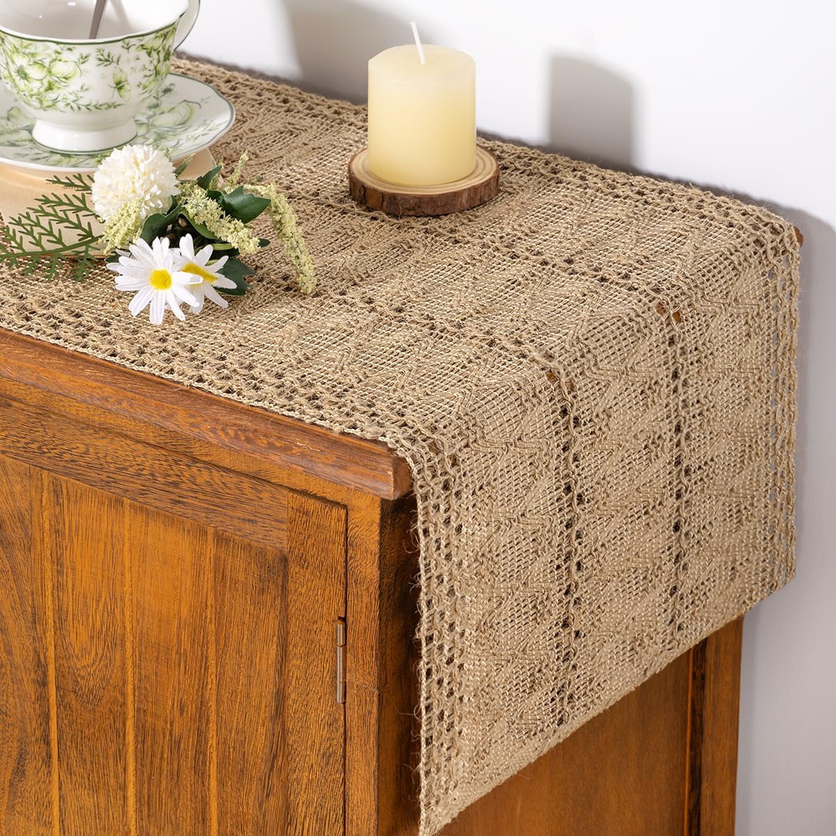 12x60 inch Socomi Boho Table Runner Easter Spring Farmhouse Burlap Jute Bamboo Rustic Dining Kitchen Centerpiece Decor