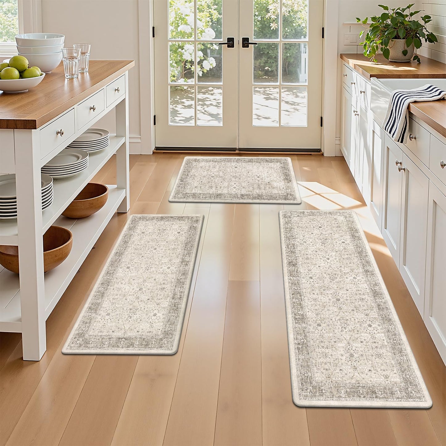 Pauwer Anti Fatigue Kitchen Floor Mats Set of 3, PVC Foam Padded Kitchen Rugs, Non Slip Cushioned Comfort Standing Mat, Waterproof Sink Rug for Small Kitchen Area, Laundry Room, Khaki