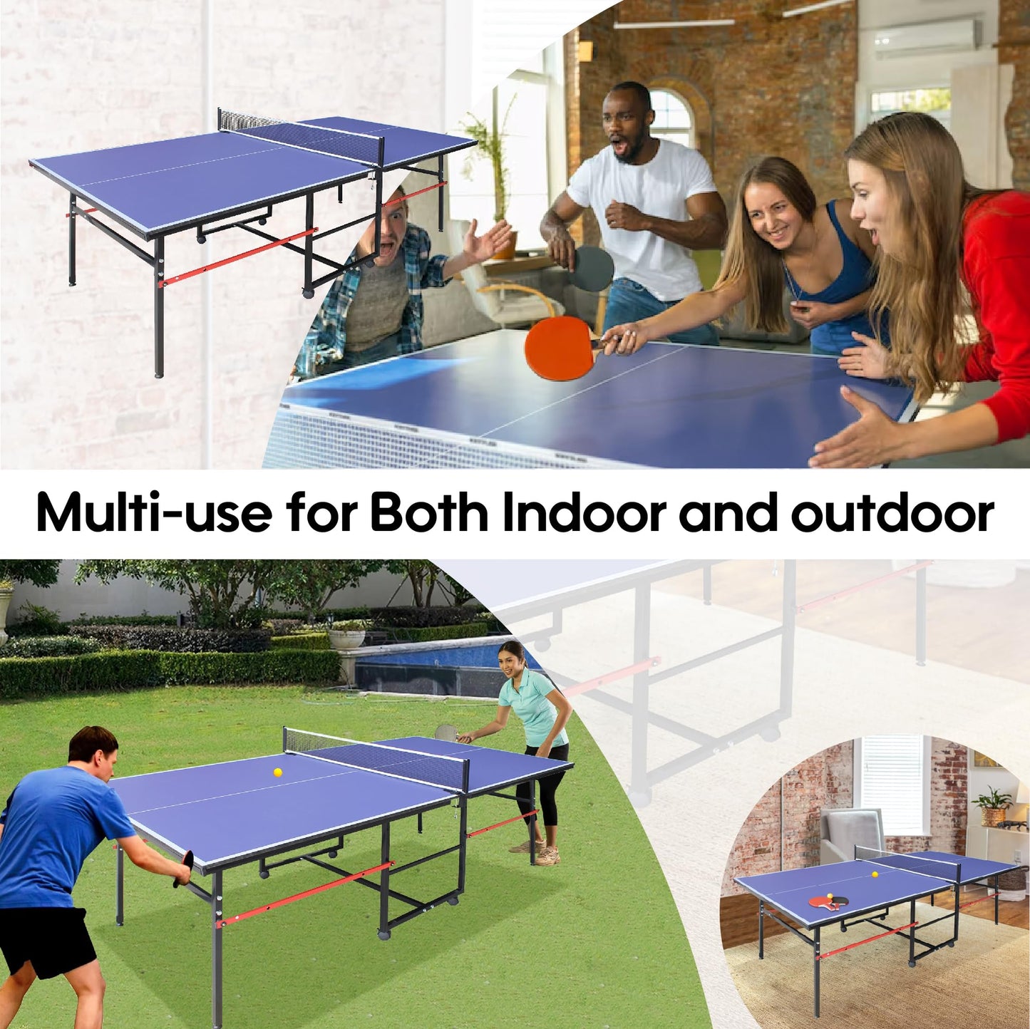 8FT Table Tennis Table with Net, Indoor/Outdoor Professional Ping Pong Table for Kids Adults, Folding Ping Pong Table, Complete Set with Paddles and Balls, School Playground Game Table (Blue)
