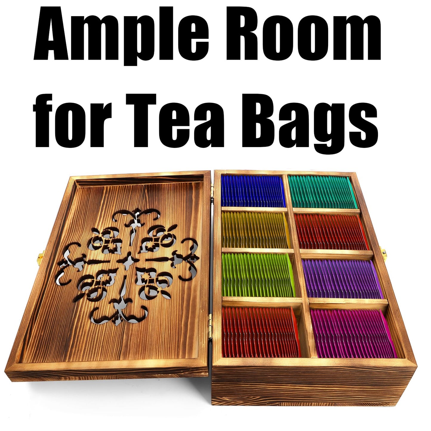 Coloch Wooden Tea Bag Storage Box with Carved Lid, 8-Compartment Tea Chest Organizer Spice Packets Container for Living Room, Kitchen, Office, Home Decor