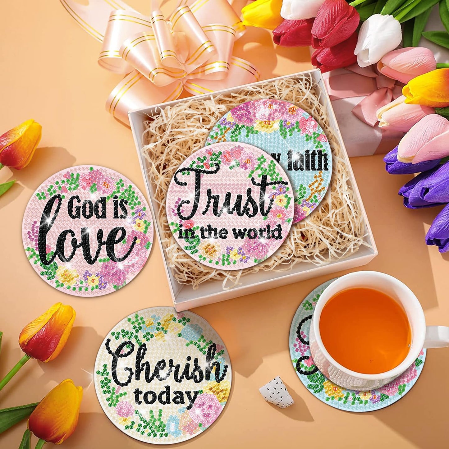 8 PCS Christian Bible Verse DIY Farmhouse Coasters Kit with Holder - Christian Present for Beginners, Adults, Kids - Diamond Art Crafts Supplies