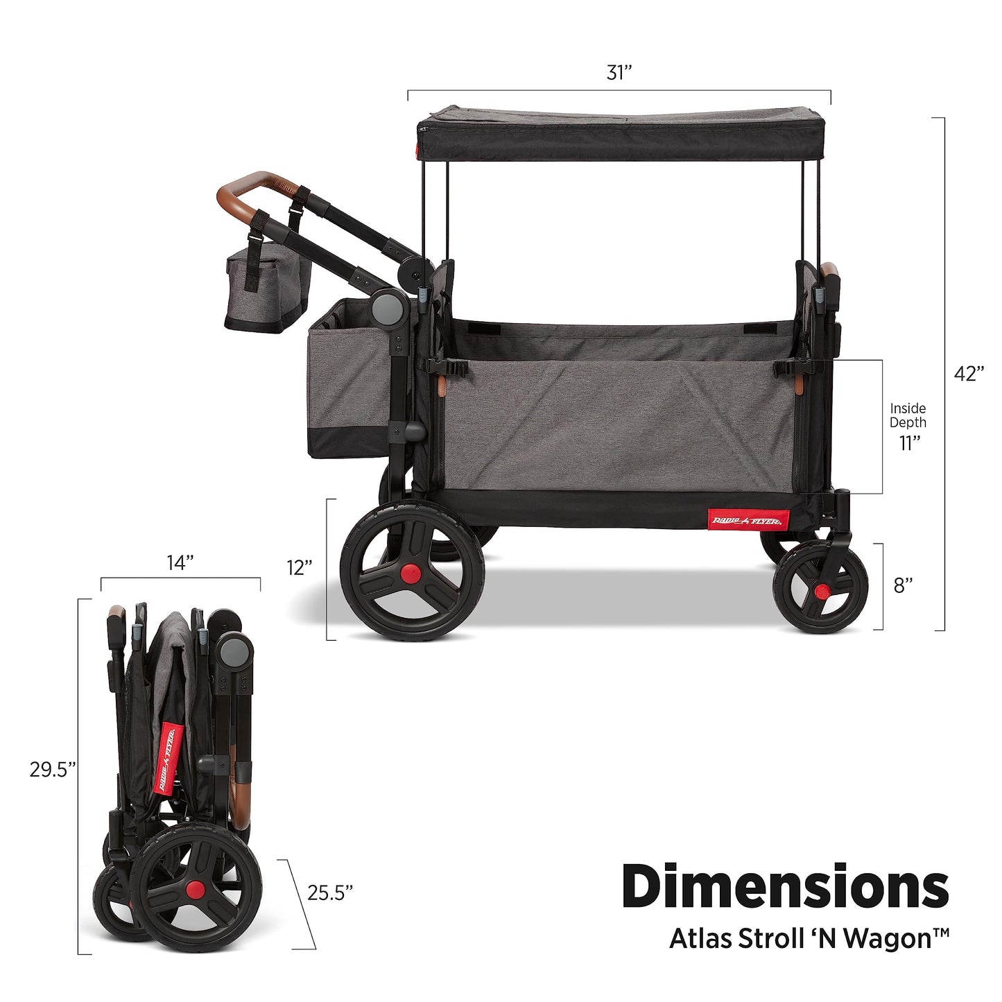 Radio Flyer Atlas Stroll 'N Wagon, Atlas Gray, for Ages 1+, 3-in-1 Push or Pull Versatility, One-Hand Fold, UV Canopy, 5-Point Harnesses, Storage Capabilities, Rubber Wheels, Stroller Wagon for Kids