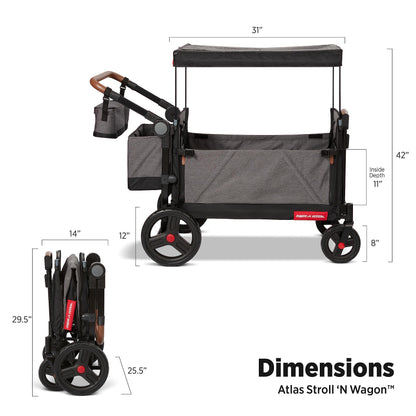 Radio Flyer Atlas Stroll 'N Wagon, Atlas Gray, for Ages 1+, 3-in-1 Push or Pull Versatility, One-Hand Fold, UV Canopy, 5-Point Harnesses, Storage Capabilities, Rubber Wheels, Stroller Wagon for Kids
