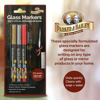 Parker & Bailey 3 Pack Glass Markers, Metallic Washable Wine Markers for Ceramics, Bottles, and Drink Glasses