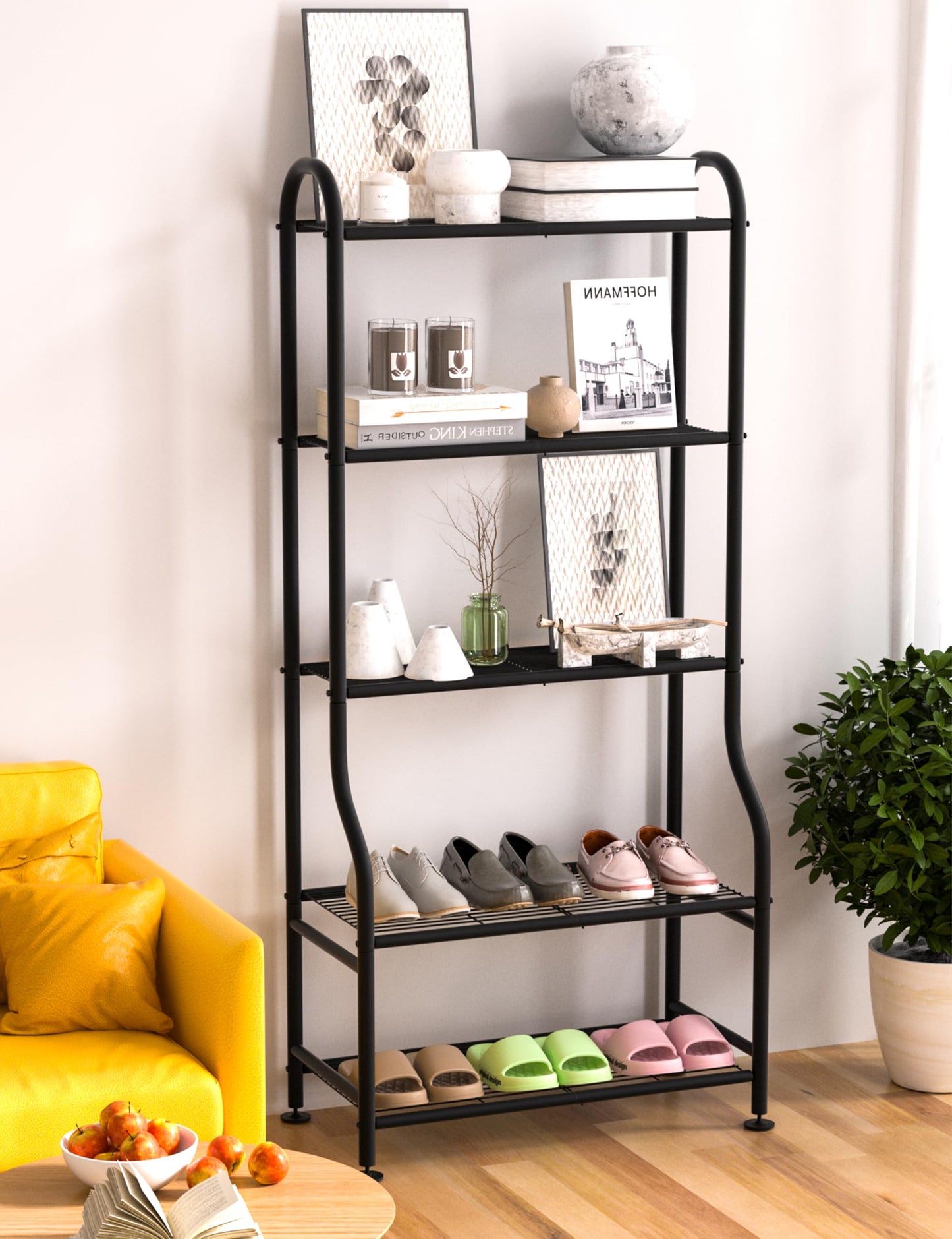 Yutrchey 5-Tier Metal Plant Stand - Heavy Duty Indoor Outdoor Flower Shelf for Multiple Pots, 65" Tall Vertical Holder with Adjustable Leveling Feet & Wall-Fixing Kits, Black