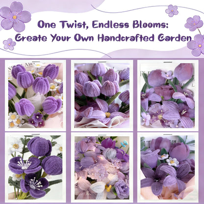 ZFTFZ Purple DIY Pipe Cleaners Bluk Craft - 500pcs Chenille Stems (6 Colors), 25 Floral Stems & Stamen - Includes Mesh, Wrapping Paper & Gift Box for Handmade Rose/Tulip Art