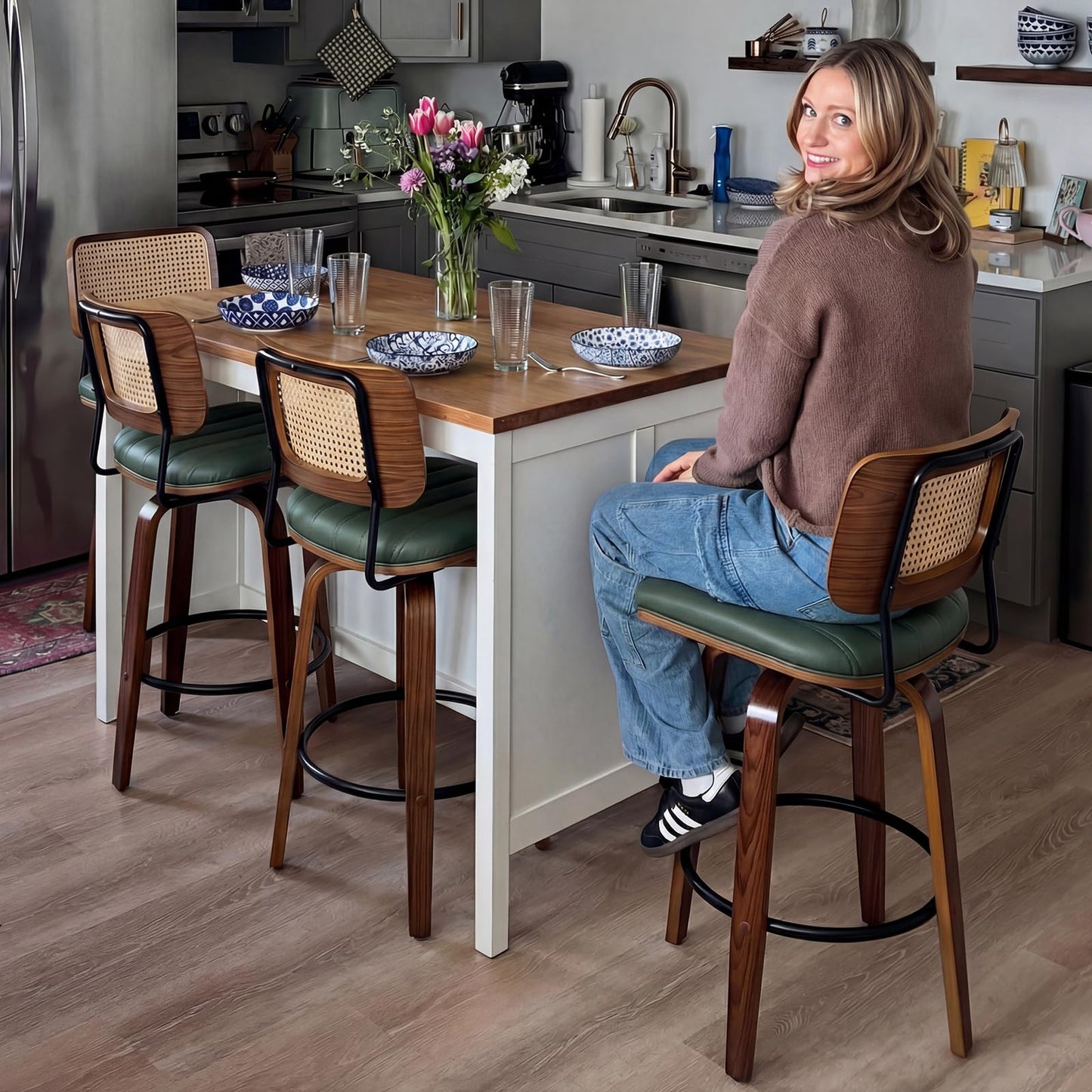 Set of 2 Swivel Bar Height Stools, 30.3 Inch Rattan Cane Back, Faux Leather Upholstered Seat, Solid Wood Frame with Walnut Finish, Metal Footrest, Mid Century Kitchen Island & Home Bar Stools, Green
