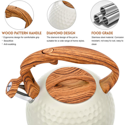 GGC Tea Kettle for Stove Top, Loud Whistling Kettle for Boiling Water Coffee or Milk, 3.1 Quart 3L Heavy Stainless Steel White Kettles with Wood Pattern Handle, Unique Button Control Kettle Outle