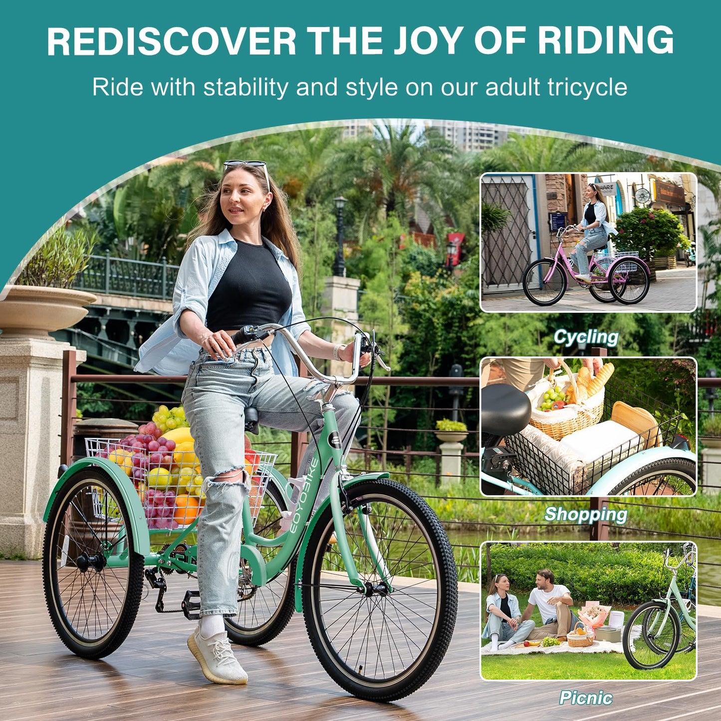 MOPHOTO Adult Tricycle 7 Speed, 20/24/26 Inch Low Step-Through Adult Trike with Large Rear Basket, 350 lbs Capacity 3 Wheel Bike for Seniors, Women and Men