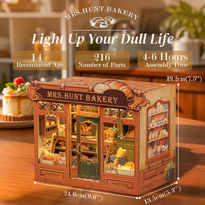 Cutefun Book Nook Kit - DIY Miniature Bread Shop Booknook Kits for Adults and Teens, 3D Wooden Puzzle Bookend Bookshelf with LED Light, Creative Crafts Gifts for Book Lovers (Mrs.Hunt Bakery)