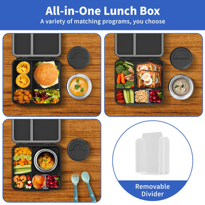 FAJSL Bento Box for Kids with Thermo Food Container (9oz), 4-Compartment Lunch Box, Adjustable Divider, Leakproof Bento Lunch Box, Includes Utensils & Carry Bag for School, Office(Black)