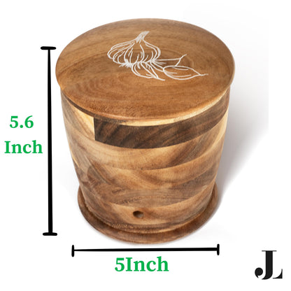 Jean Lemond Introducing The Always Fresh Acacia Garlic Keeper For Counter. A Crafted Large Garlic Storage Jar. A Rustic Garlic Holder Container Pot Saver With Lid. (Large (Fits 5 Heads))